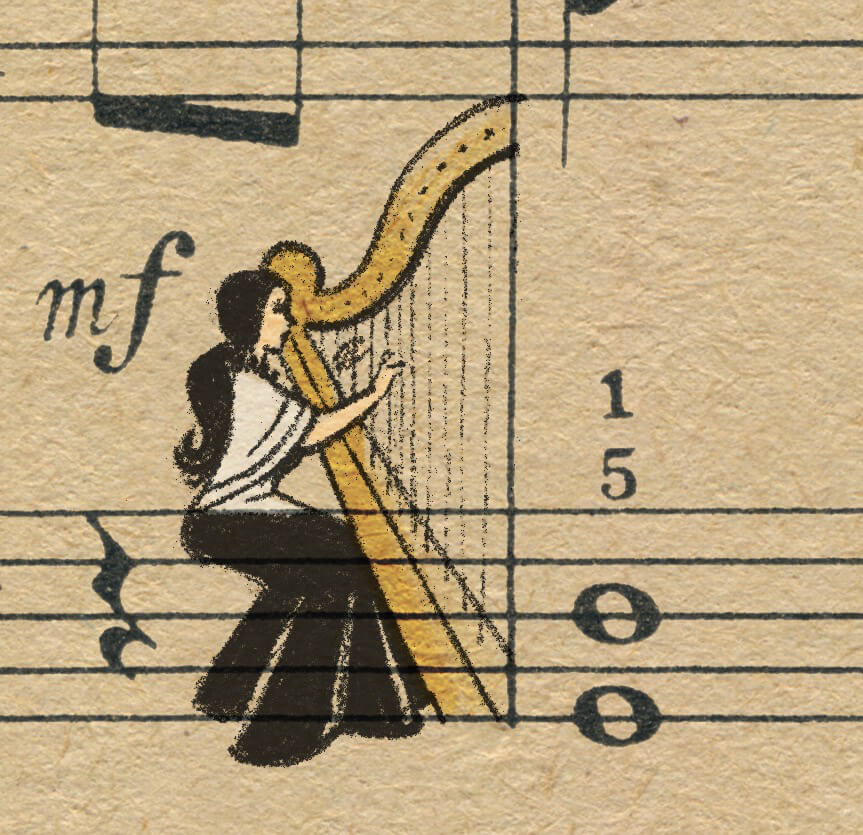 Sheet Music Art in Detail by Russian Studio 'People Too' - Excerpt from Violinka - Harp