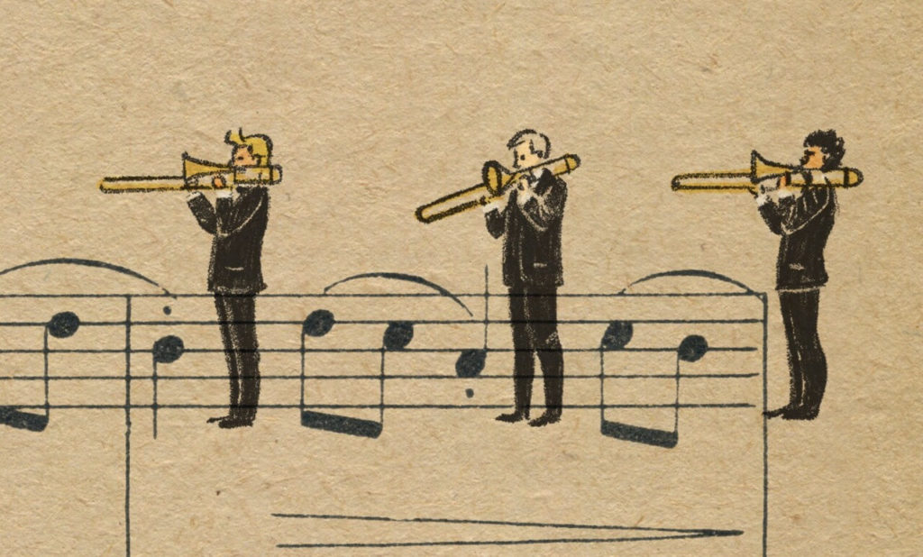 Sheet Music Art in Detail by Russian Studio 'People Too' - Excerpt from Violinka - Trombones