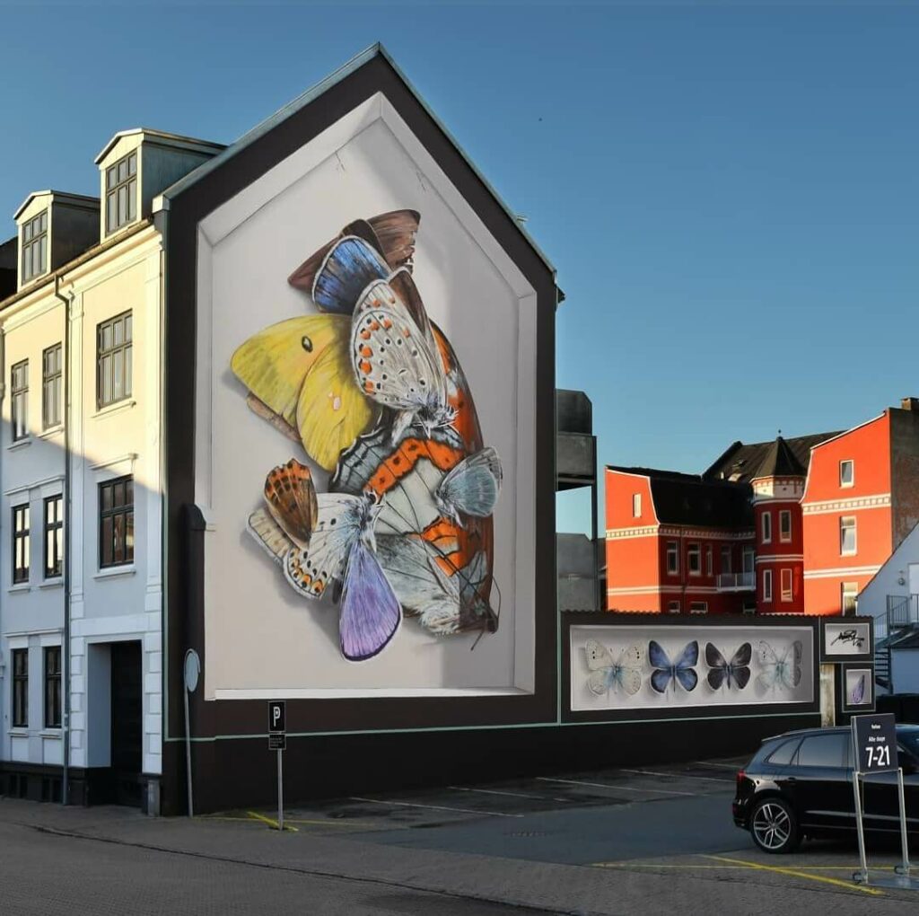 The-Sommerfugle Altar, Silkborg, Denmark | Butterfly mural by street artist Mantra