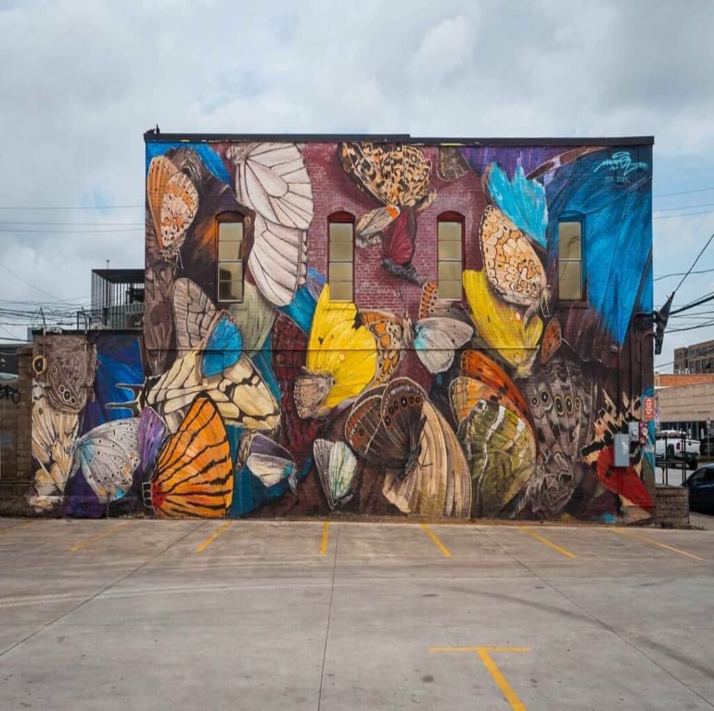 The last butterflies ballet Deep Ellum, Dallas, TX, US | Butterfly mural by street artist Mantra