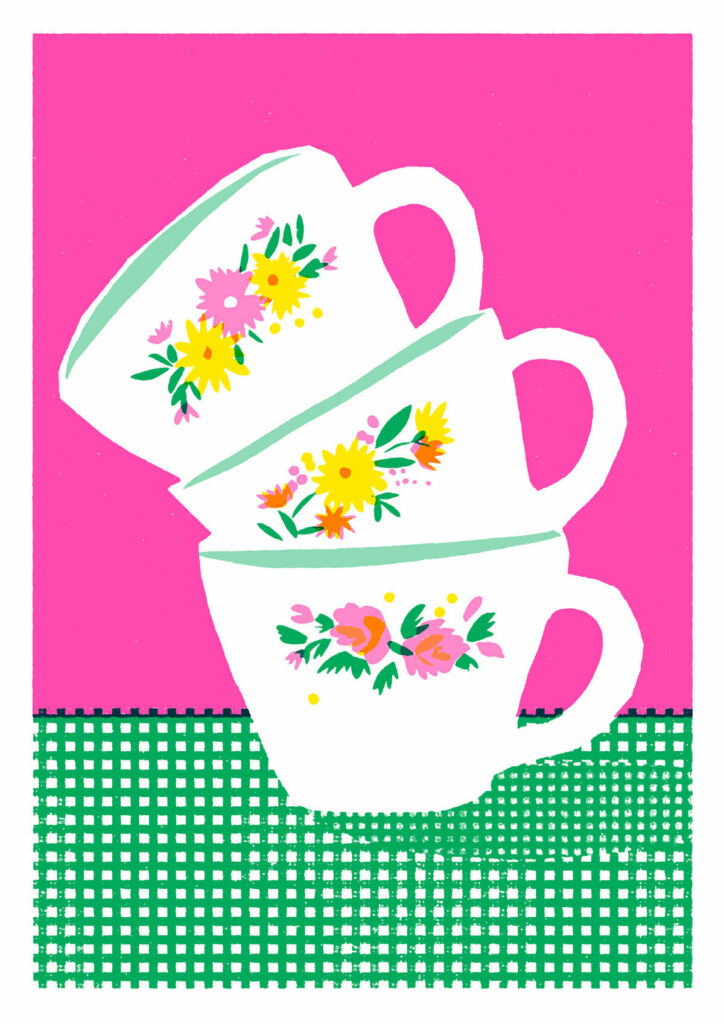 Fluo pink breakfast prints collection by Lucia Calfapietra | Inspiring Retro and Vintage Illustrators for Hire Today