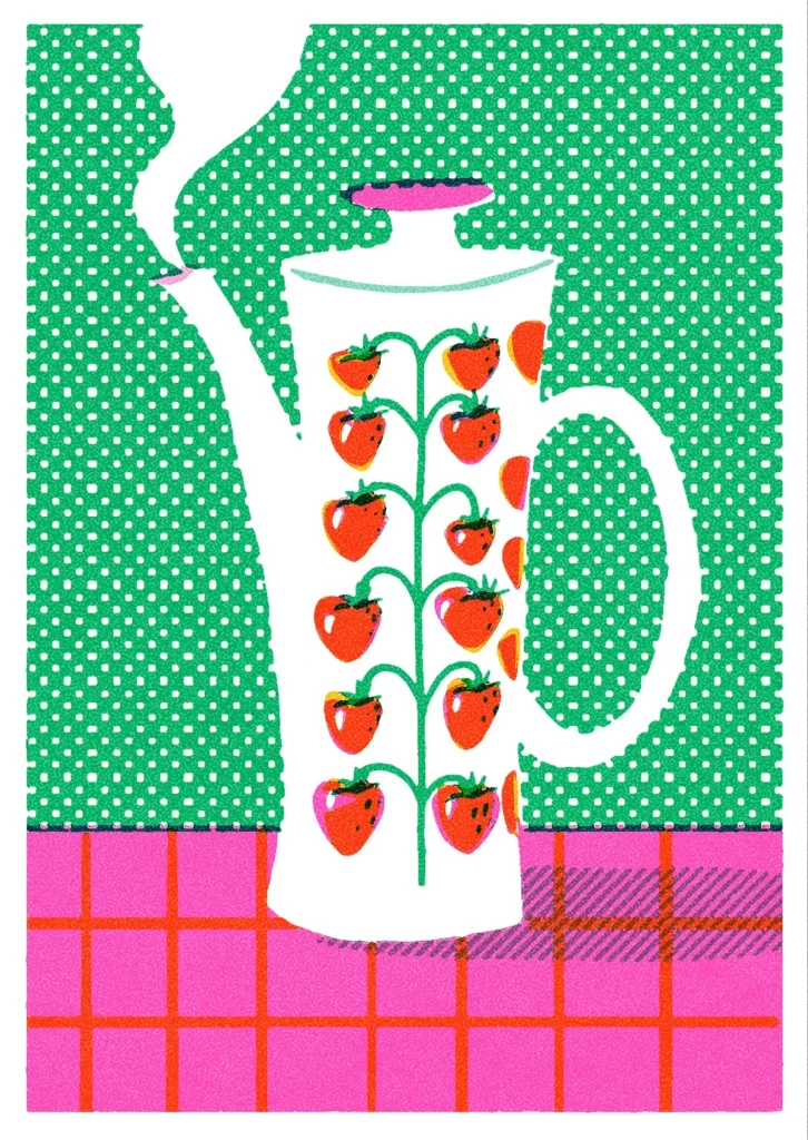 Fluo pink breakfast prints collection by Lucia Calfapietra | Inspiring Retro and Vintage Illustrators for Hire Today