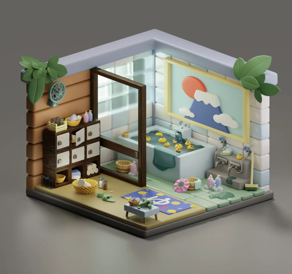 Public bath in Japan by Meowy Poly | Best Isometric Artists Across the Globe