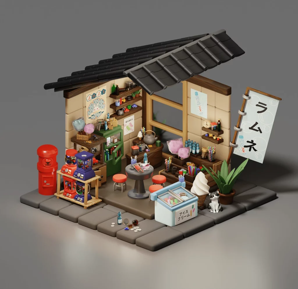 Japanese old Snack Shop by Meowy Poly | Best Isometric Artists Across the Globe